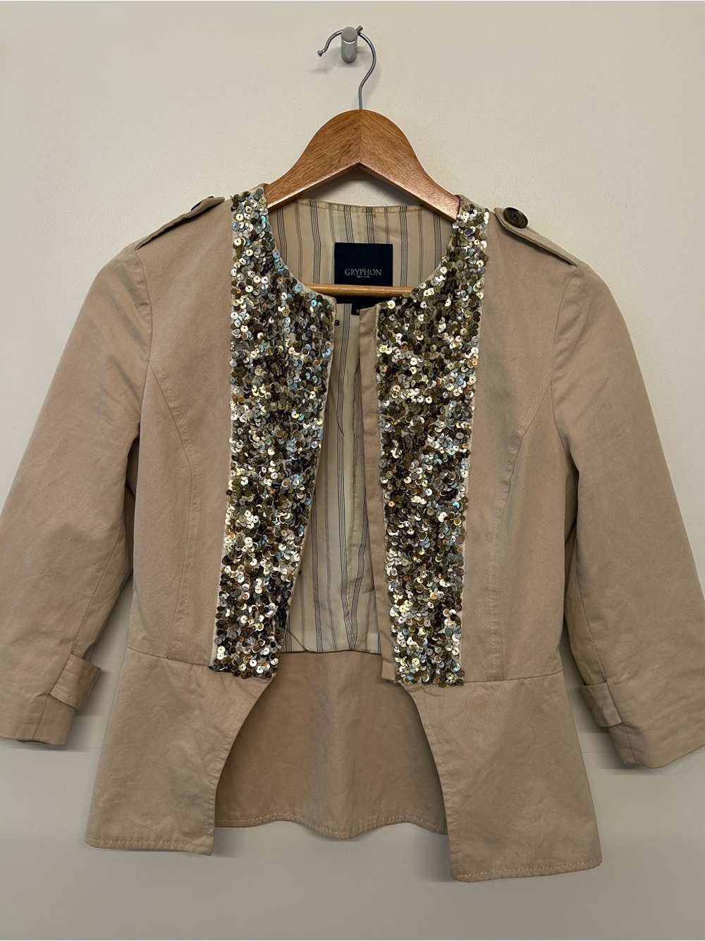 Gryphon Taupe Jacket with Sequined Front Trim Size S